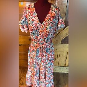 TICKLED TEAL NWOT BRIGHT FLORAL MIDI-DRESS w/ BELT